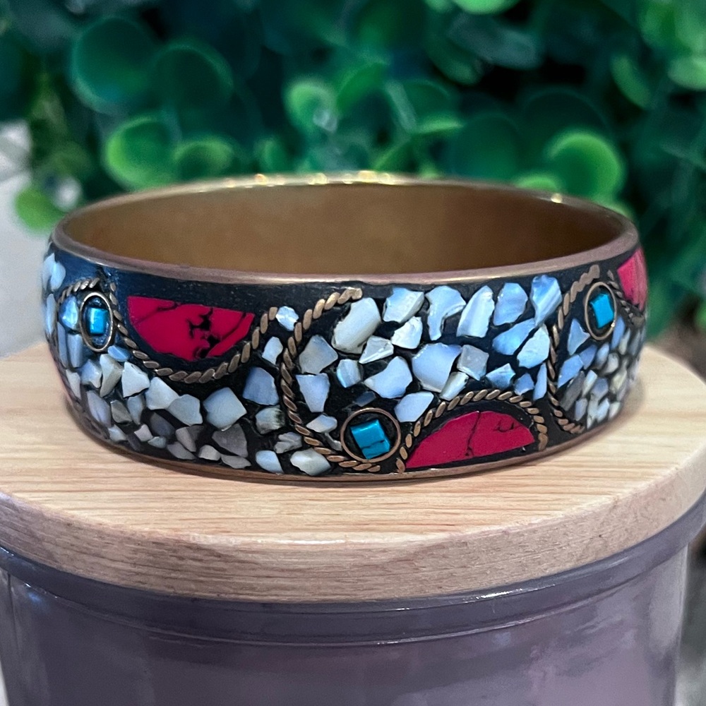 Vintage Mosaic Design Metal Bangle with Red and Blue & Mother of Pearl Accents